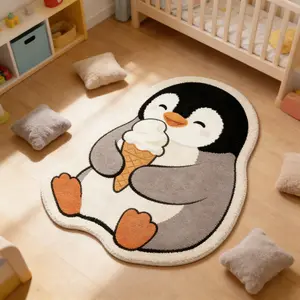 Irregular Penguin Ice Cream Cone Pattern Carpet, Cute Minimalist Plush Area Rug, Fluffy Modern Rug for Living Room Bedroom, Washable Cozy Home Decor