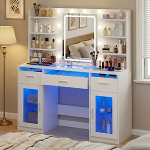 Modern LED Vanity Desk with Mirror, RGB Lighted Drawers & Glass Top, Makeup Table with Power Outlet, Storage Shelves & Cabinets for Bedroom, White