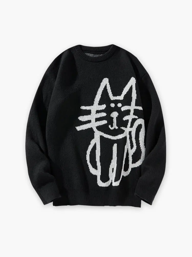Women's Cat Graphic Pullover Sweater, Simple Casual Crew Neck Knit Top, Soft Comfortable Long Sleeve for Fall Wear