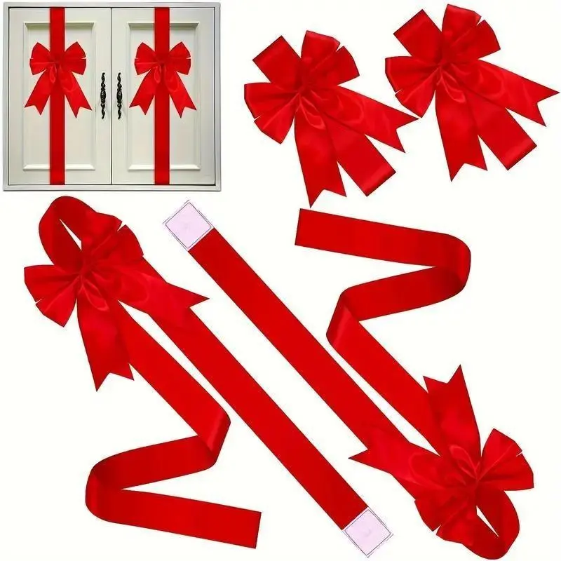 Holiday Christmas Cabinet Door Fringe Lime Red Large Bow Wreath 79 x 2.4 Inches Polyester Fiber No Batteries Needed Festive Home Decoration