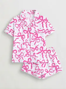 Women's Bowknot Printed Sleepwear Loungewear Set, Short Sleeve Button-Up Top & Elastic Shorts, Casual All-Season Home Wear