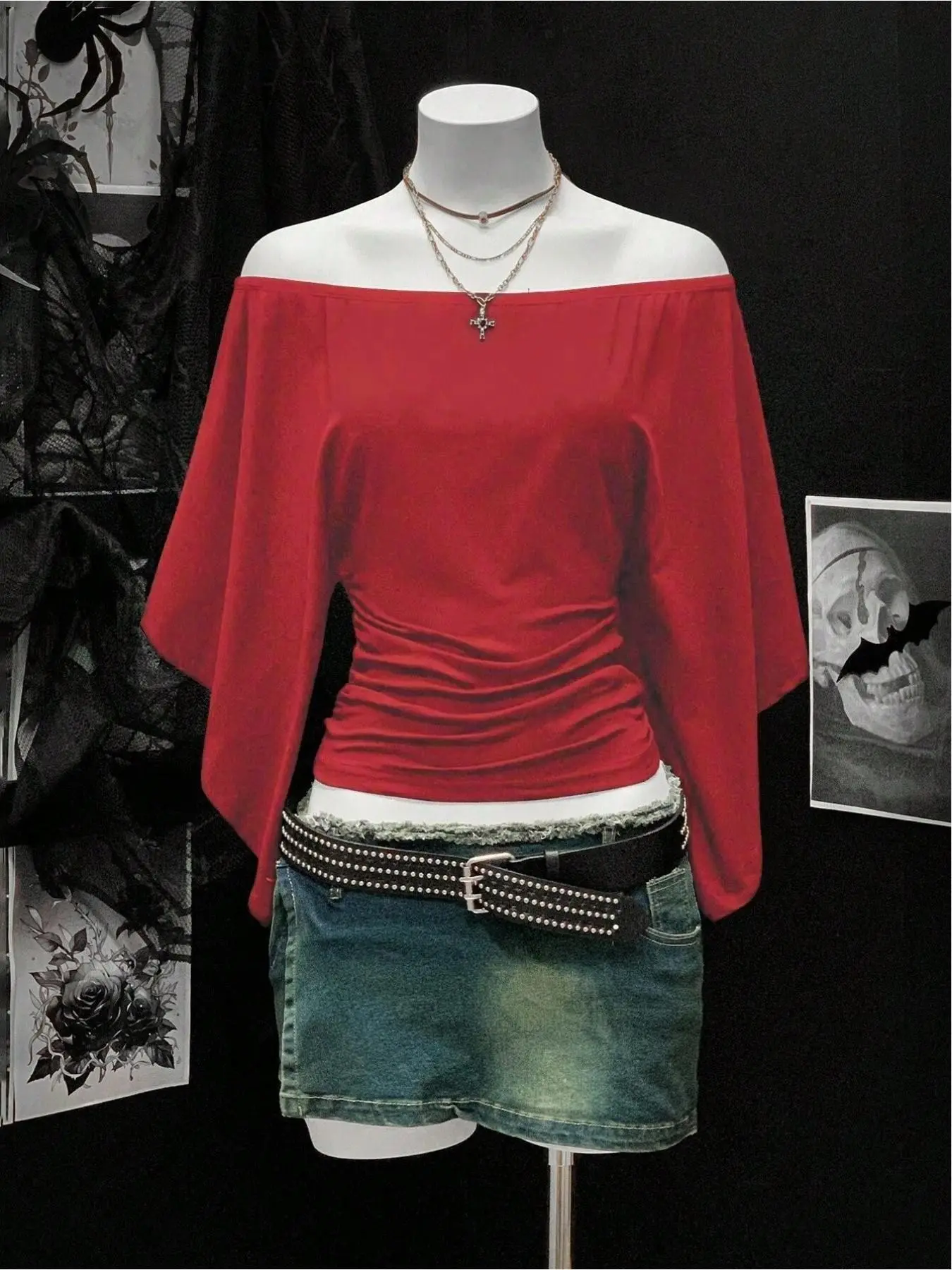 Gothic Style One-Shoulder Batwing Sleeve Ruched Top, Y2K Streetwear Fitted T-Shirt, Pure Color, Trendy Casual Everyday Fashion for Women, Body Hugging Tops, Batwing Shirts