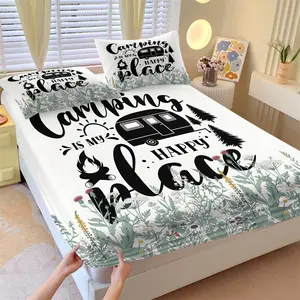 Camping Theme Fitted Sheet Set & 2 Pillowcases No Core, Handwritten Titles & Campervan Wildflowers Weeds Pattern, Soft Anti-Slip Wrinkle-Resistant, Camping Enthusiasts, Forest Style Bedroom Decor, Gift Choice