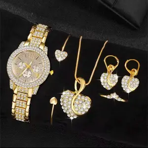 Women's Quartz Watch Gold Luxury Rhinestone Heart Jewelry Set with Ring Necklace Earring Fashion Wristwatch Casual Ladies Watches