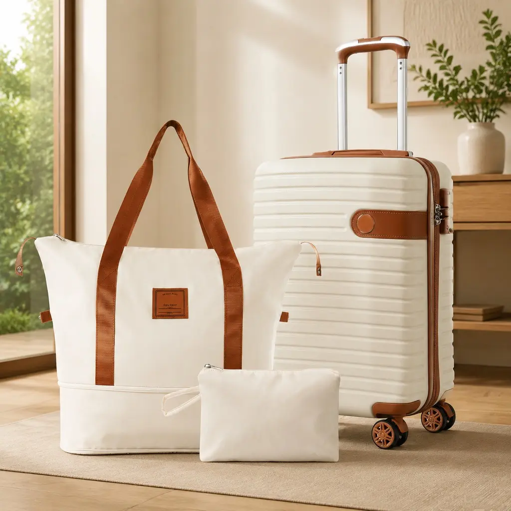 3 Piece Luggage Set 20 Inch Carry On Hardshell Suitcase with Weekender Travel Duffel Bag and Toiletry Bag, Lightweight ABS Hard Shell, Cream, Airline Approved 22x14x9, 360° Spinner Wheels, TSA Lock, Expandable, Cream Color Options
