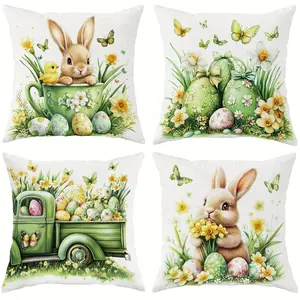 4pcs, Easter Green Themed Throw Pillow Covers, Bunny, Chicks, and Floral Truck Design, Cushion Cover for Couch Sofa, Room Decor and Bedroom Decor, Suitable for Spring Decoration, Single Sided Printing, No Pillow Core