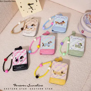 Cute Dachshund Embroidered Card Wallet, Colorful Striped Zip Holder with Beaded Wristlet. Multi-slot Mini Puppy Card Case, Stylish Travel & Daily Organizer for Women