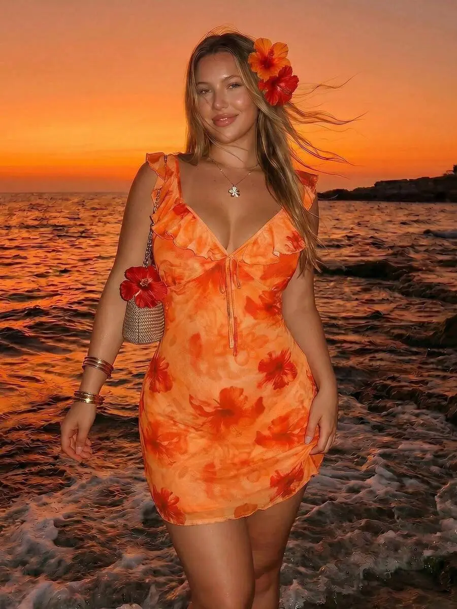Plus Size Women's Orange Summer Boho Vacation Holiday Retro Y2K Sweetheart Neck Ruffle Floral Print Slim Fit Mesh Dress Beach Elegant Fashion