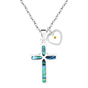 Cross Necklace for Women– Heart Charm Mustard Seed Christian Faith Pendant with Blue Abalone Shell Ladies Girls Inspirational Religious Gift