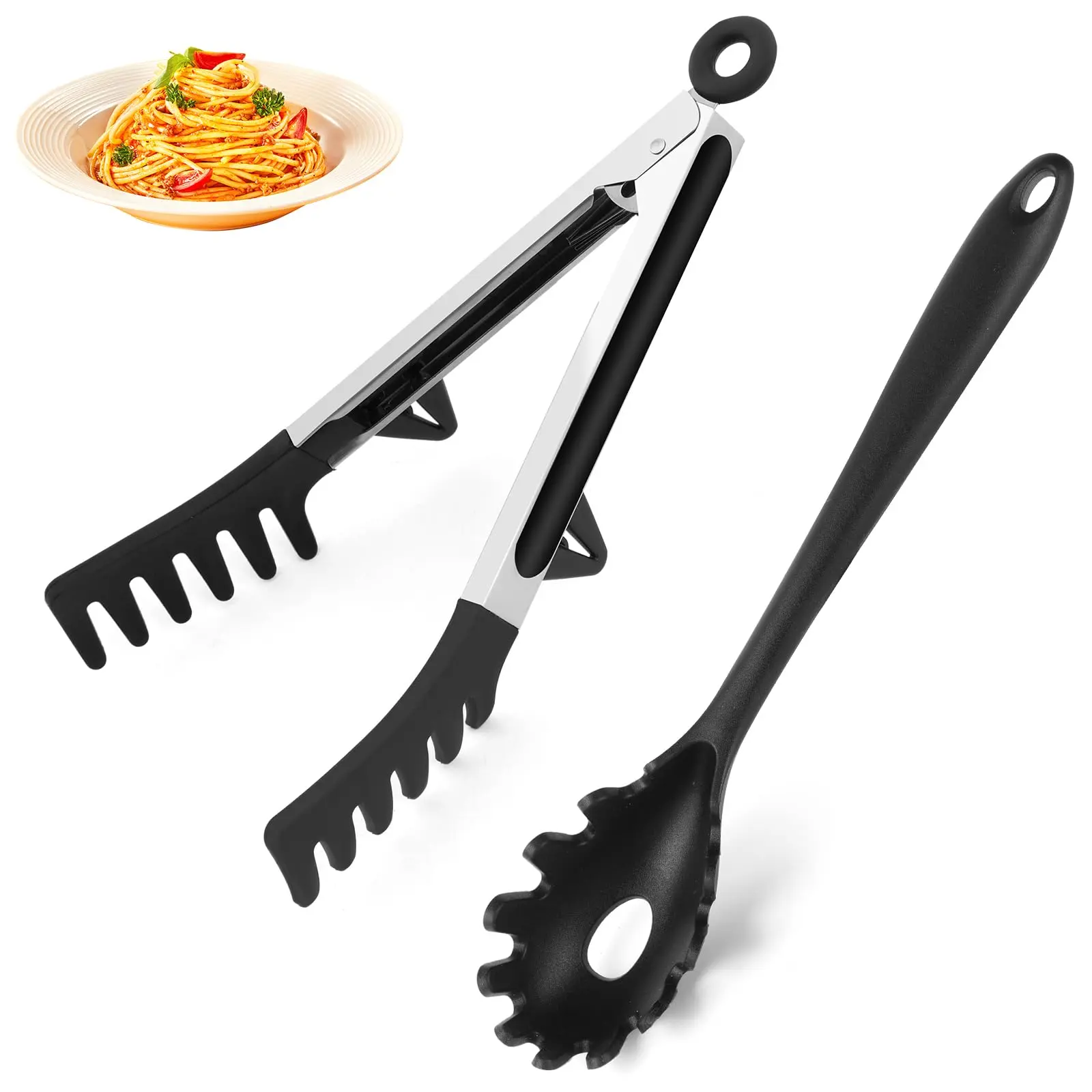 Upgraded Silicone Spaghetti Spoon and Pasta Tong Set – Sturdy Pasta Fork with Teeth, Noodle Spoon Server, and Multi-Purpose Tongs for Cooking and Serving