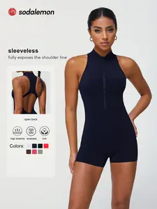 Women's Short Jumpsuit with Stand Collar, Half Zipper Backless Design, High Stretch Yoga Workout, Sleeveless All Seasons Fitness Apparel, Yoga Jumpsuits, Backless Sports Jumpsuit, Skinny Jumpsuit, Sporty Jumpsuit