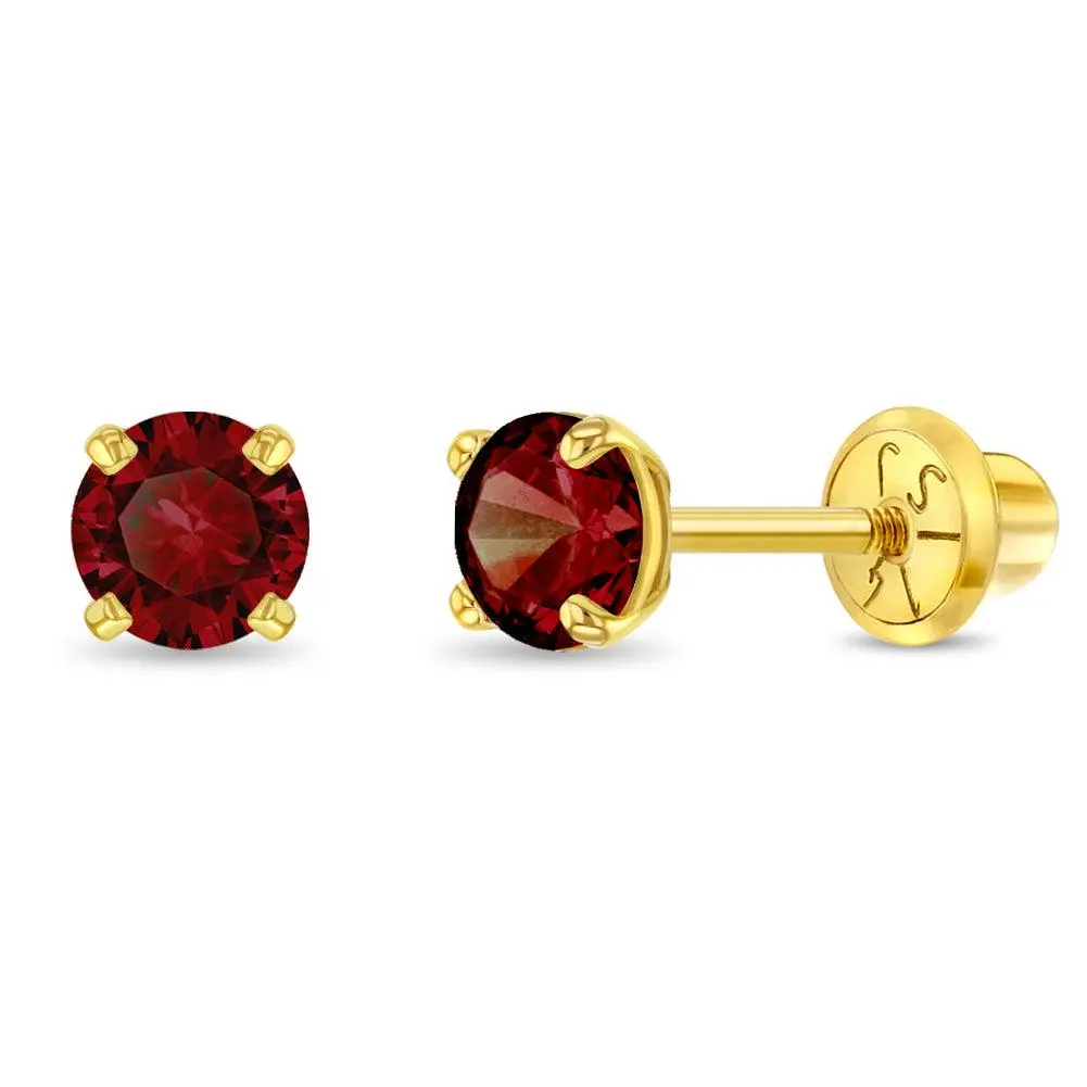 14k Gold 4 Prong Simulated Baby / Toddler / Kids Earrings Safety Screw Back