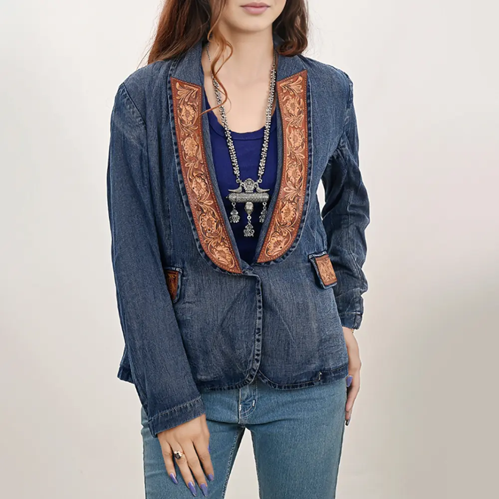 American Darling Genuine leather Hand tooled carved Women 100% cotton Denim Blazer dress jacket ladies |Vintage