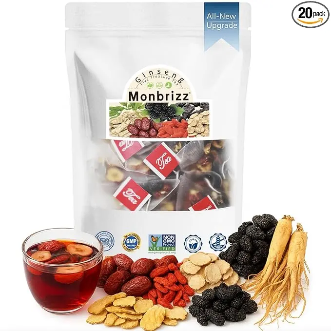 Monbrizz Ginseng Six Treasure Herbal Tea 40 Count Value Pack with Maca Root, Goji Berries, Red Dates & Turmeric, Caffeine-Free Wellness Tea