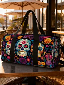 （2D Flat Printing）1pc Day of the Dead Skulls Travel bag Outdoor Luggage Storage Bag, Top Handle, Large Capacity Sports Bag, Sports Yoga Bag, Suitable for Yoga Lovers, Stylish Design