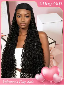 30 Inch Headband Braided Wig with Curly Ends, Easy Wear No Glue, Adjustable Velcro Strap, Comfortable and Secure Fit