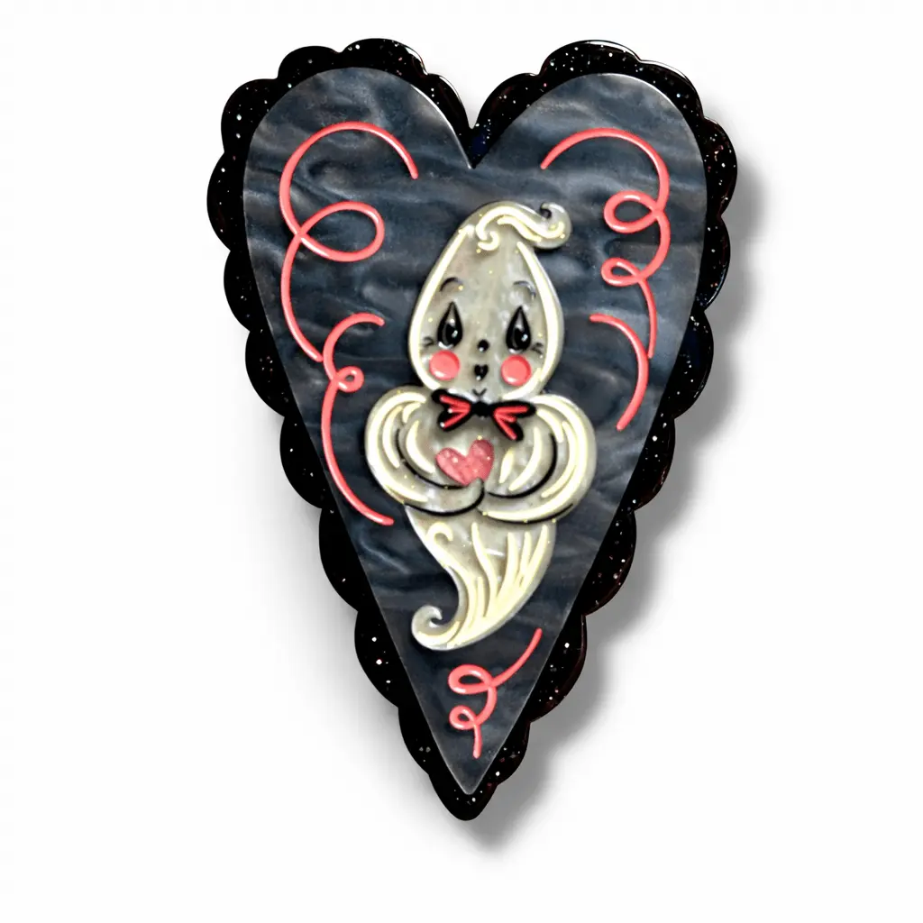 Haunted Heart Ghost Brooch - Johanna Parker x Lipstick & Chrome Johanna Collab, Acrylic Plastic Heart Shape Valentine's Day Unisex Collar Clip Accessory with Locking Pinback for Women's Clothes