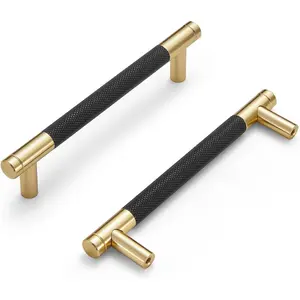 10 Pack Cabinet Handles Gold and Black 3 3/4 Inch Brass Drawer Pulls Round Cabinet Pulls with Knurled Pattern Kitchen Cabinet Hardware