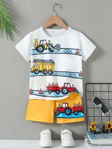 Two-Piece Set Toddler Boy's Excavator Print Short Sleeve Tee & Elastic Waist Shorts, Casual Round Neck T-shirt & Shorts, Kids Summer Clothes, Toddler Outfit, Toddler Clothing
