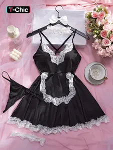 Women's 4 Counts Contrast Lace Apron Design Criss Cross Backless Cami Dress & Thong & Choker & Leg Garter Set, Sexy Fitted Lingerie Set for All Seasons, Lingerie Set for Women