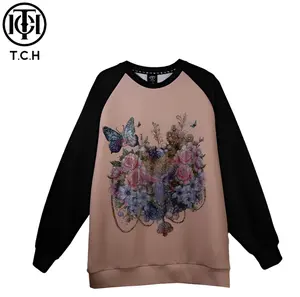 TCH—Light Luxury，Unisex Outfit, New Arrival Rhinestone Design Flowers & Butterfly Pink Sweatshirt