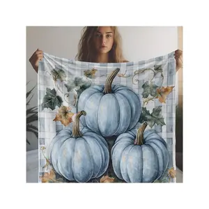 Cozy Autumn Blue Pumpkin Gingham Throw Blanket