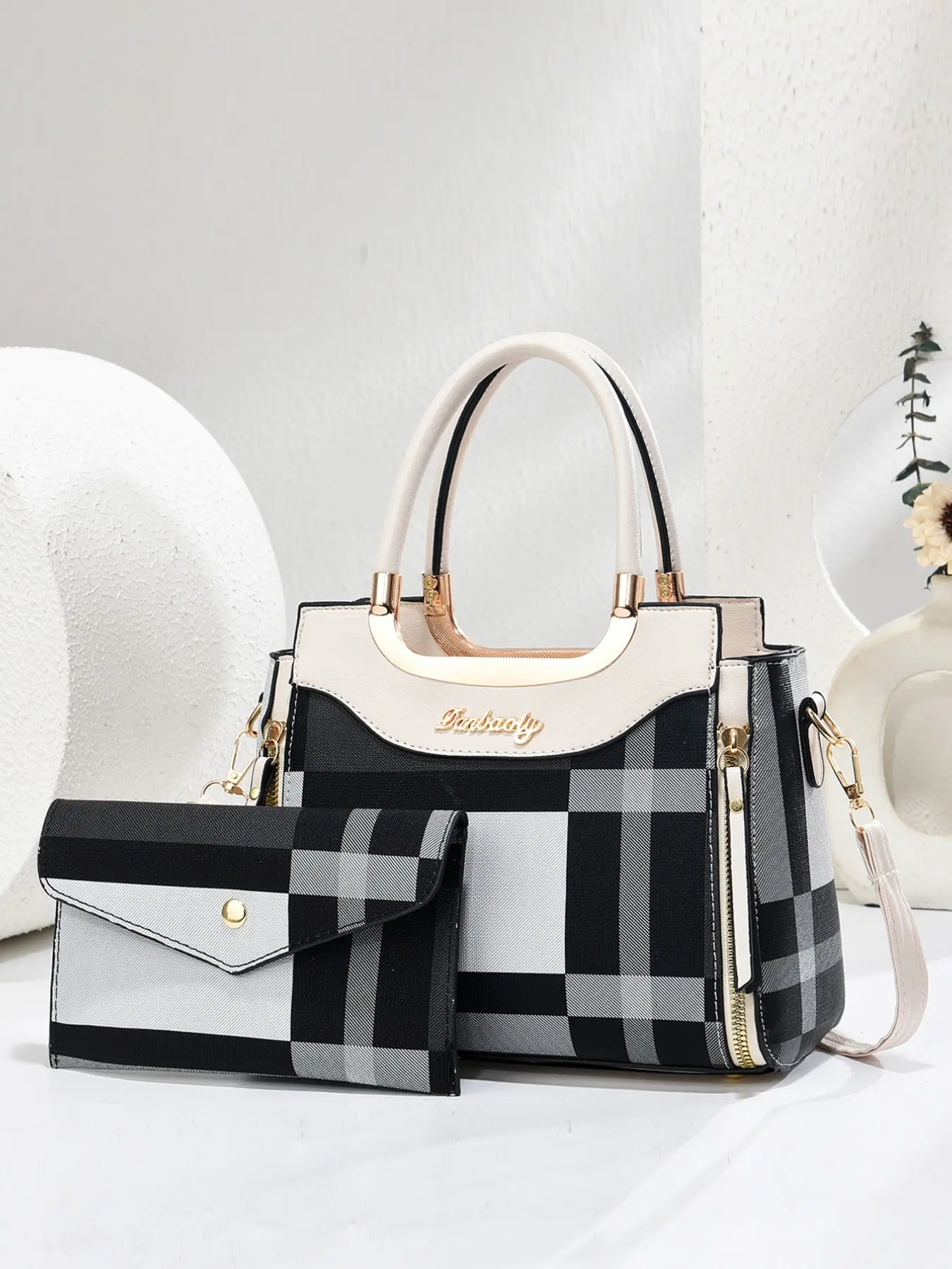 Classic Plaid Pattern Colorblock Design Handbag Set, Elegant Two-Piece Shoulder Bag, Trendy Crossbody Purse, Fashion Crossbody Bag, Stylish Crossbody Bags, Fashionable Patterned Bag, Perfect for Daily Use