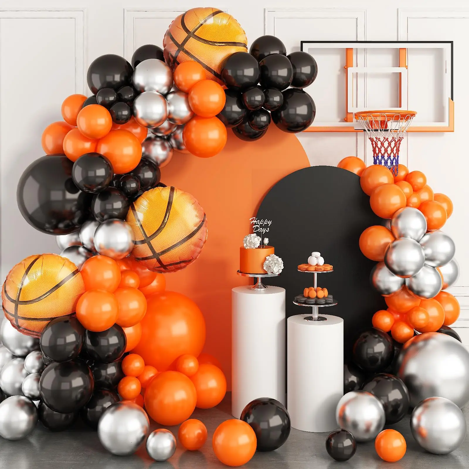 Basketball Balloon Garland Kit, Orange, Black, Silver, Aluminum Balloons for Sports Theme Party