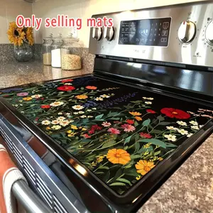 Plant Flower Pattern Rubber Stove Protector, Heat Resistant, Non-Slip, Water Absorbent, Easy Clean, Oven Pad, Refrigerator Pad, Kitchen Counter Cover, Kitchenware