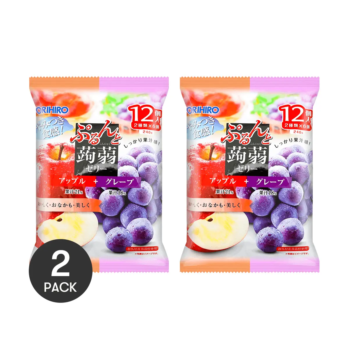 ORIHIRO Low Calorie High Fiber Konjac Juice Jelly 2 Pack Apple Grape Flavor 12 Pieces 8.5 oz Each