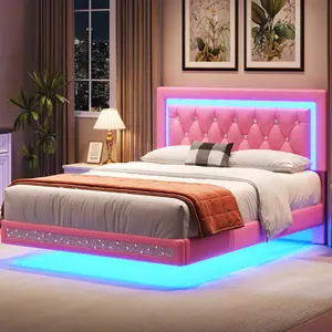 【Floating】TryLazy Floating Bed Frame with LED Lights Upholstered Modern Platform Bed Diamond Tufted Headboard Noise Free Comfort