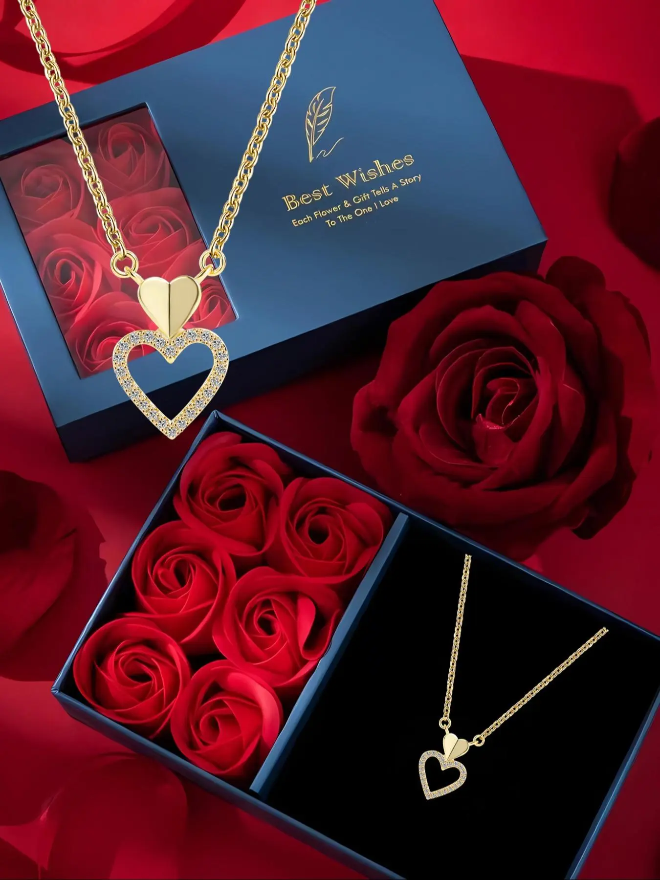 Women's Elegant Hollow Out Heart Design Pendant Necklace, with Rose Gift Box, Exquisite Trendy Rhinestone Decor Pendant Necklace, Chic Jewelry As Gift for Girlfriend