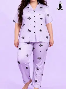 Plus Size Women's Homecoming Suit, Spring Summer Elegant Bow Print Lapel Short Sleeve Top & Long Pants Casual Loungewear Sleepwear Pajama Set 2 Piece Set