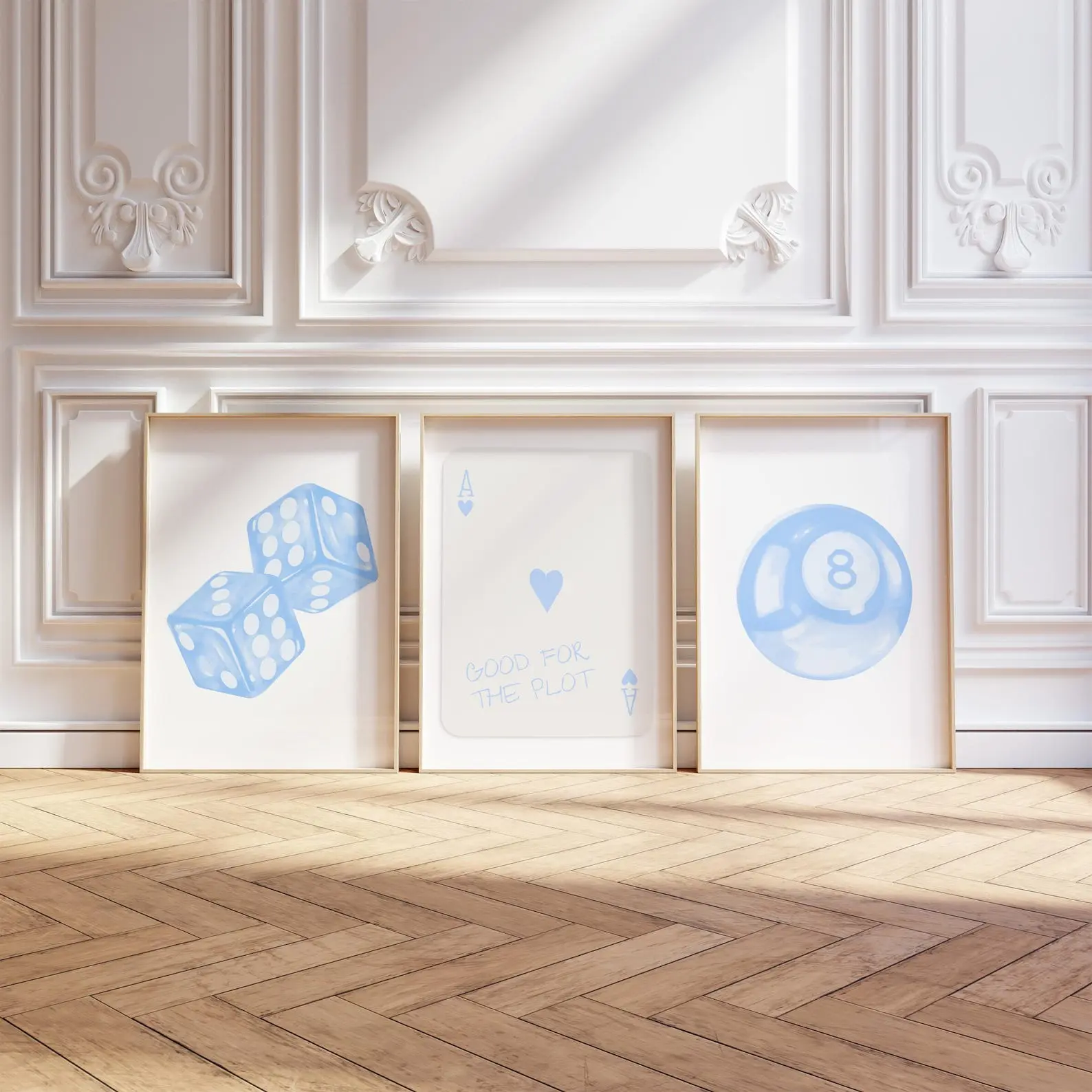 Light Blue Gallery Wall Art Set, Dice, Card, 8-Ball (Digital Download)
