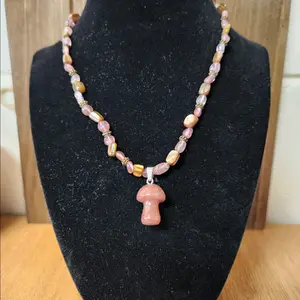 Handmade Strawberry Quartz Necklace and Shell with Strawberry Quartz Mushroom Pendant