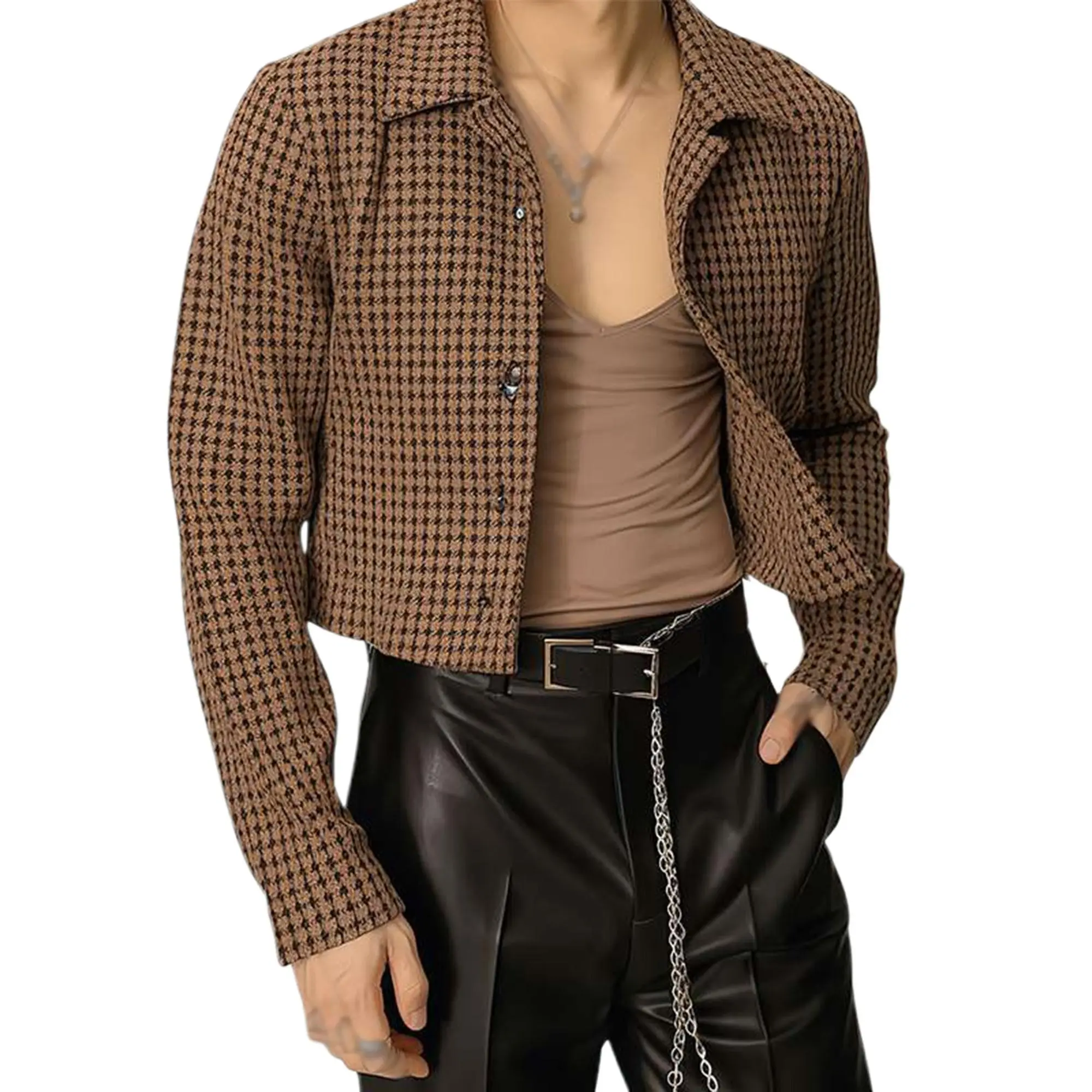 Men'S Fall Cropped Jacket Houndstooth Pattern Long Sleeve Lapel Button Down Coats Outwear