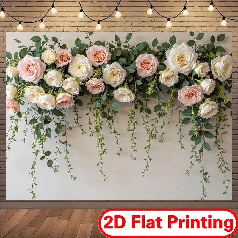 Polyester 2D Flat Printing Flower & Greenery Wall Decor Banner, Charming Floral Wall Style, Easy Display, Adds Elegant Scene, Birthday Party-Ready Vibe Kids Birthday Festive Backdrop Supplies