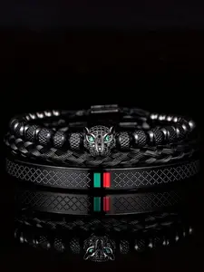 European and American Classic Light Luxury Leopard Head Handmade Braided Men's Bracelet Red Green Drop Glue Bracelet Set Stackable Bracelets