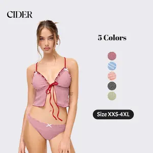 Cider V-neck Gingham Bowknot Lettuce Trim Tankini Bikini Set