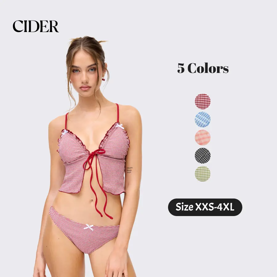 Cider V-neck Gingham Bowknot Lettuce Trim Tankini Bikini Set