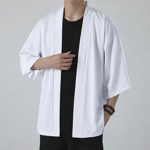 Men's Vintage Style Gradient Color Printed Kimono Cardigan, 100% Polyester Woven Shirt, Loose Fit, Collarless Design, Regular Style for Spring, Summer, and Autumn - Ideal Gift, Comfortable Outerwear| Vintage Pattern Shirt| Machine Washable| Simple