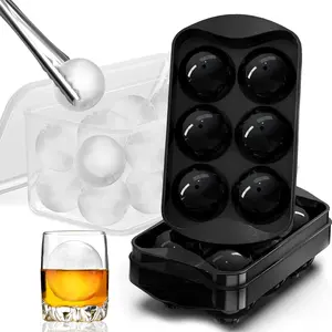 Ice Ball Maker with Lid and Bin, 1.9" Round Ice Cube Trays for Freezer, Large Sphere  Ices Cubes Tray Circle with Bucket&Tong,   Brandy (Black-6 Balls*2 Pack)