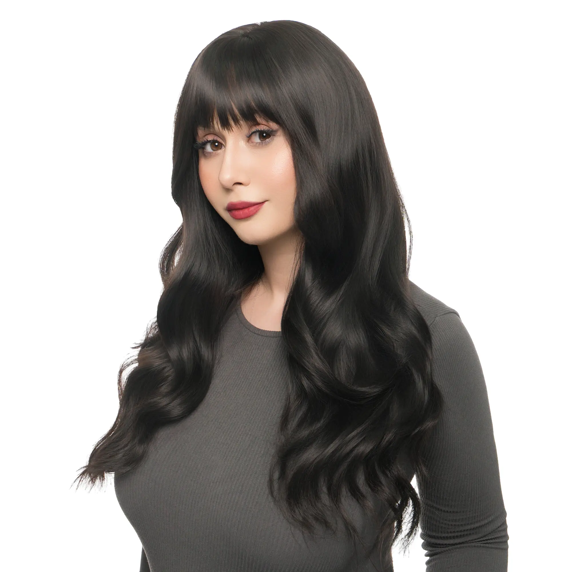 25-Inch Solid Near-black Dark Brunette Brown Wavy Synthetic Wig | 【Heat Resistant】 【Cap Included】 | 52FSGA