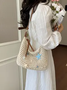 Korean Style Vacation Crossbody Bag, Hollow Out Crochet Texture, Starfish Shell Decoration, Large Capacity, Casual Everyday Tote Bag