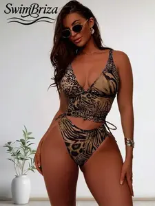 Briza｜New European Style Two-Piece Leopard Print Swimsuits For Woman With Lace-Up Design, Perfect For The Beach.