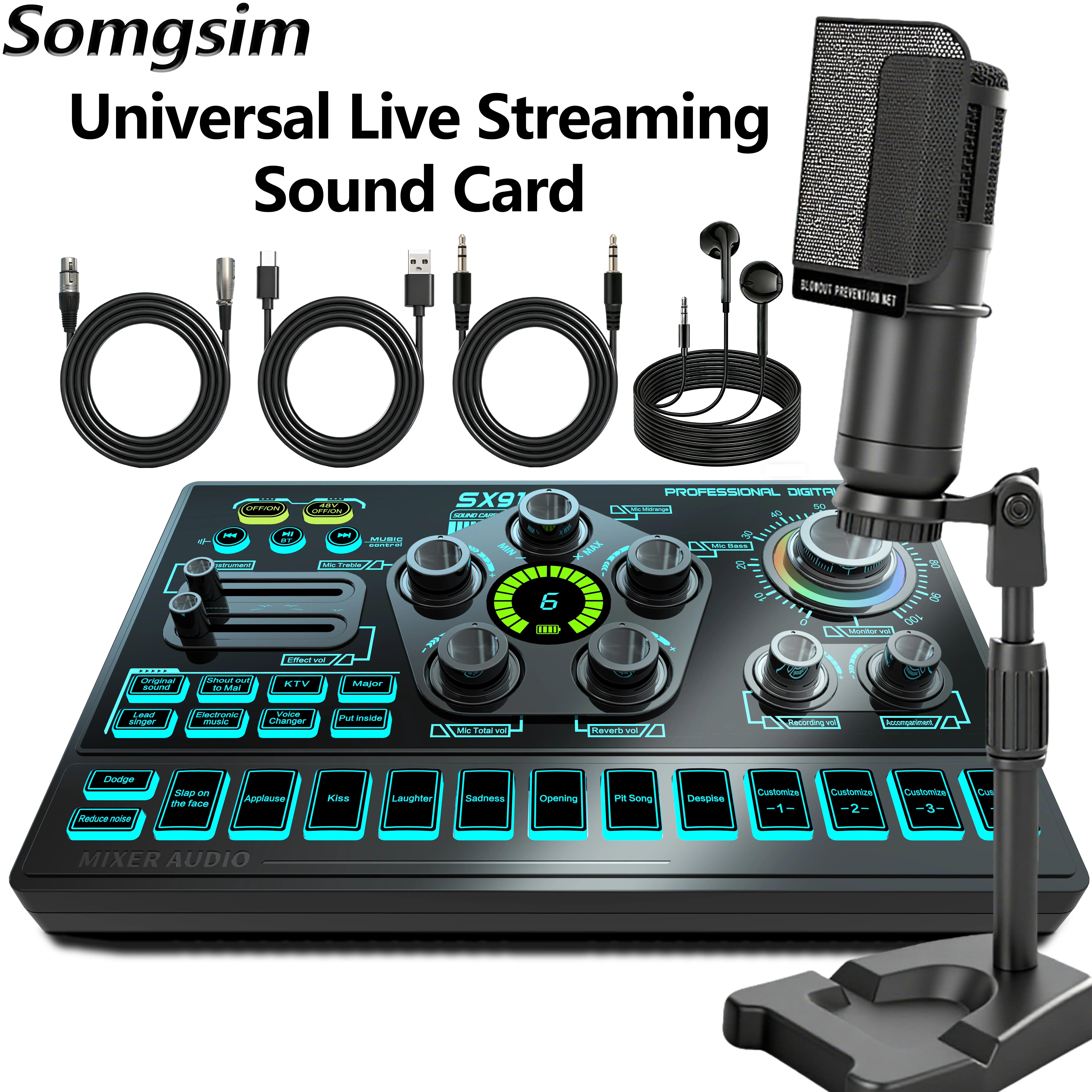 Professional podcast sound card with 48V phantom light source and XLR microphone interface, 15 live sound effects, 12 electronic tones, suitable for PC/phone/streaming/DJ