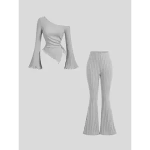 Women's Solid Drawstring Ruched Top & Flare Leg Pants Two-piece Set, Casual Fashion Cozy  Asymmetrical Neck Top & Trousers for Daily Outdoor Wear, Women's Clothing for Spring & Fall