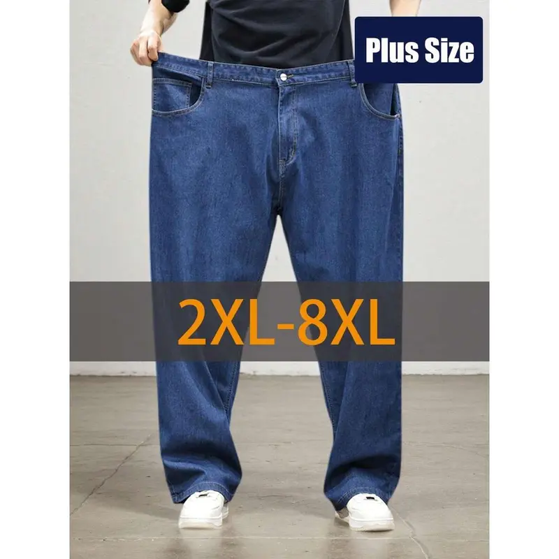 Men's Extended Size High Waist Stretch Plain Denim Look Trousers - Summer Thin, Baggy Straight Leg, Full Length Menswear Jeans with Pockets, Flexible for Business Use, Extra Large Multi-Size Options