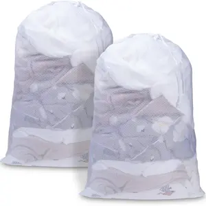 2 pack Large Mesh Laundry Bags with Locking Drawstring, 24 x 36 in - Laundry Hamper Liner, Washable Laundry Bag for Travel, Sports, Dorms (White) laundry accessory mesh laundry
