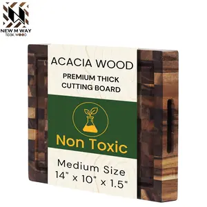 End Grain Acacia Wood Cutting Board 14" x 10" x 1.5", Thick Butcher Block with Deep Juice Groove & Handles. Knife Friendly Solid Hardwood Board for Meat, Chopping, Carving & BBQ by New M Way